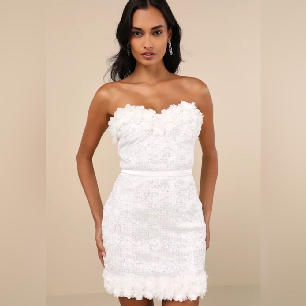 NWT Ideal Party White Sequin Strapless 3D Floral Mini Dress | Size XS